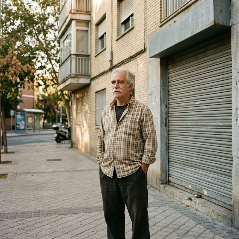 Hombre de unos sesenta años delante de su antiguo local con la persiana bajada