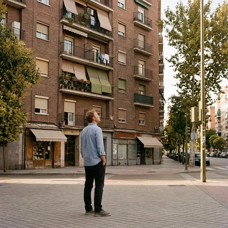 Hombre de unos cuarenta años mirando la fachada de un bloque con locales en planta baja