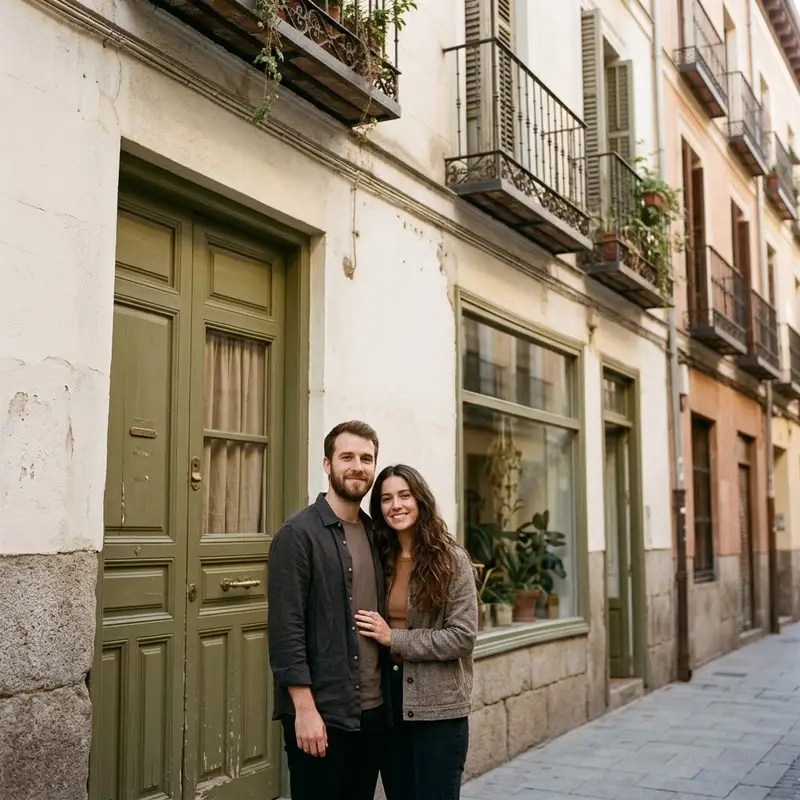 Pareja joven sonriendo en la puerta de un local reformado como vivienda