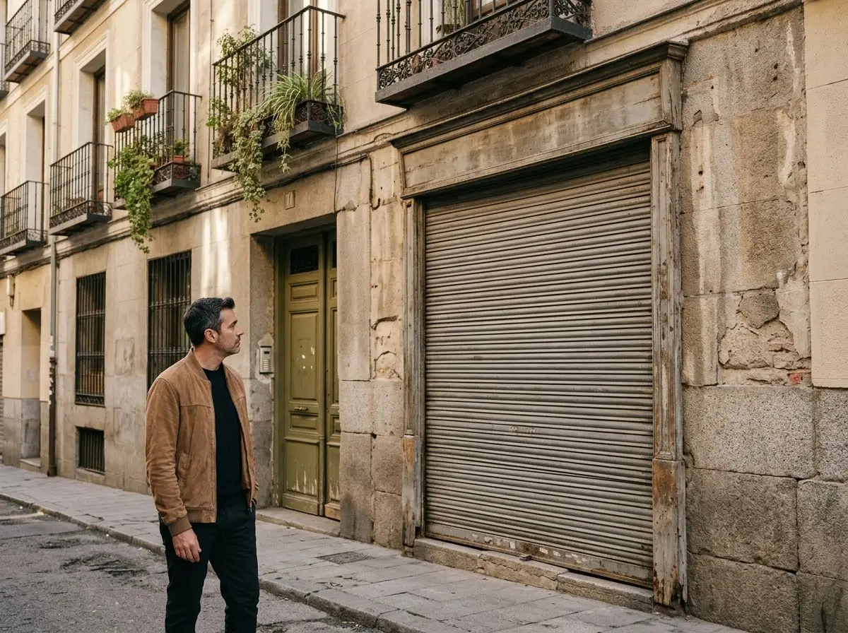 Hombre de unos cuarenta y cinco años mirando la fachada de un local en venta con persiana metálica