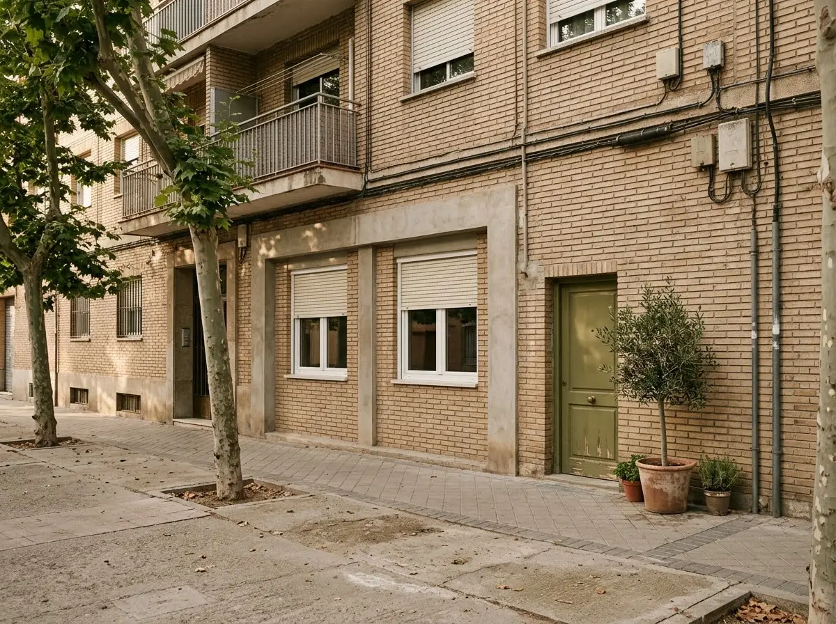 Antiguo local de barrio convertido en vivienda en la planta baja de un bloque de ladrillo con árboles en la acera