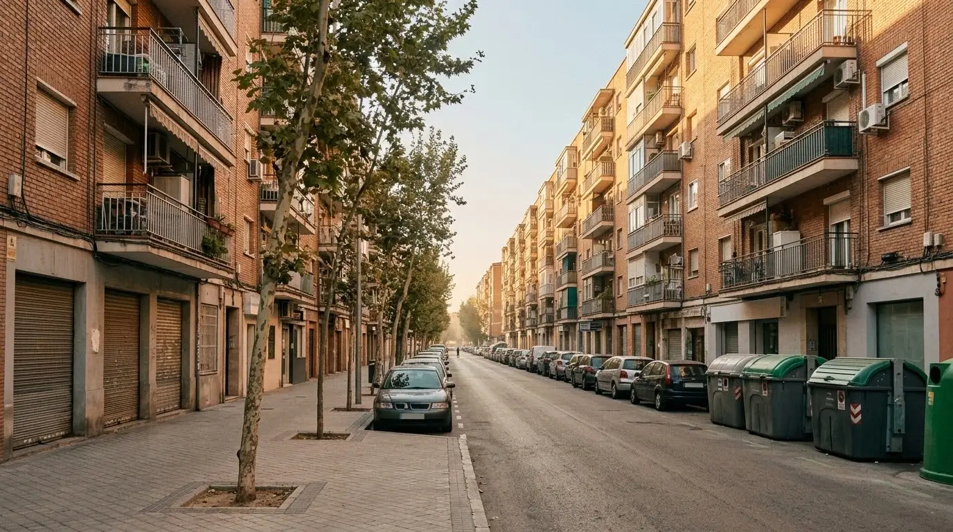 Calle de bloques de ladrillo de los años setenta con locales en la planta baja en una ciudad del sur de Madrid