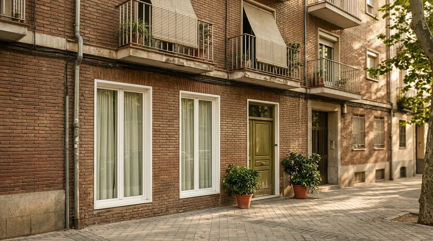 Antiguo local de planta baja ya convertido en vivienda, con ventanas nuevas, en una calle de Madrid