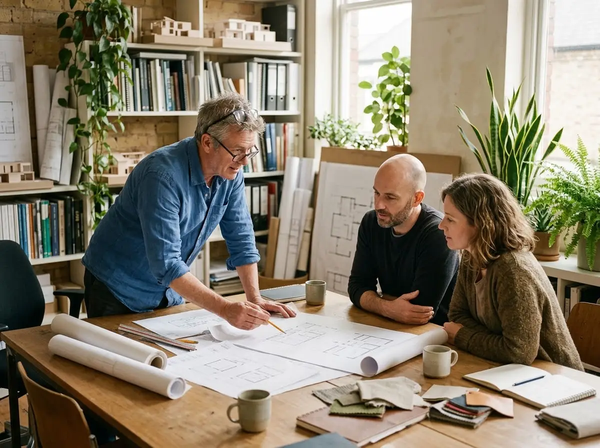 Arquitecto explicando unos planos a una pareja de mediana edad en una mesa de oficina