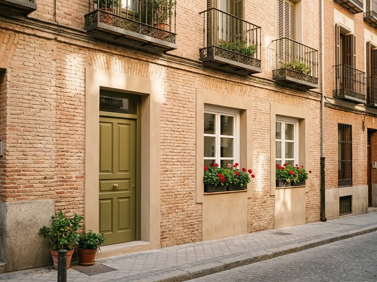 Fachada de un bajo recién reformado como vivienda, con ventanas nuevas y macetas, en un edificio de ladrillo