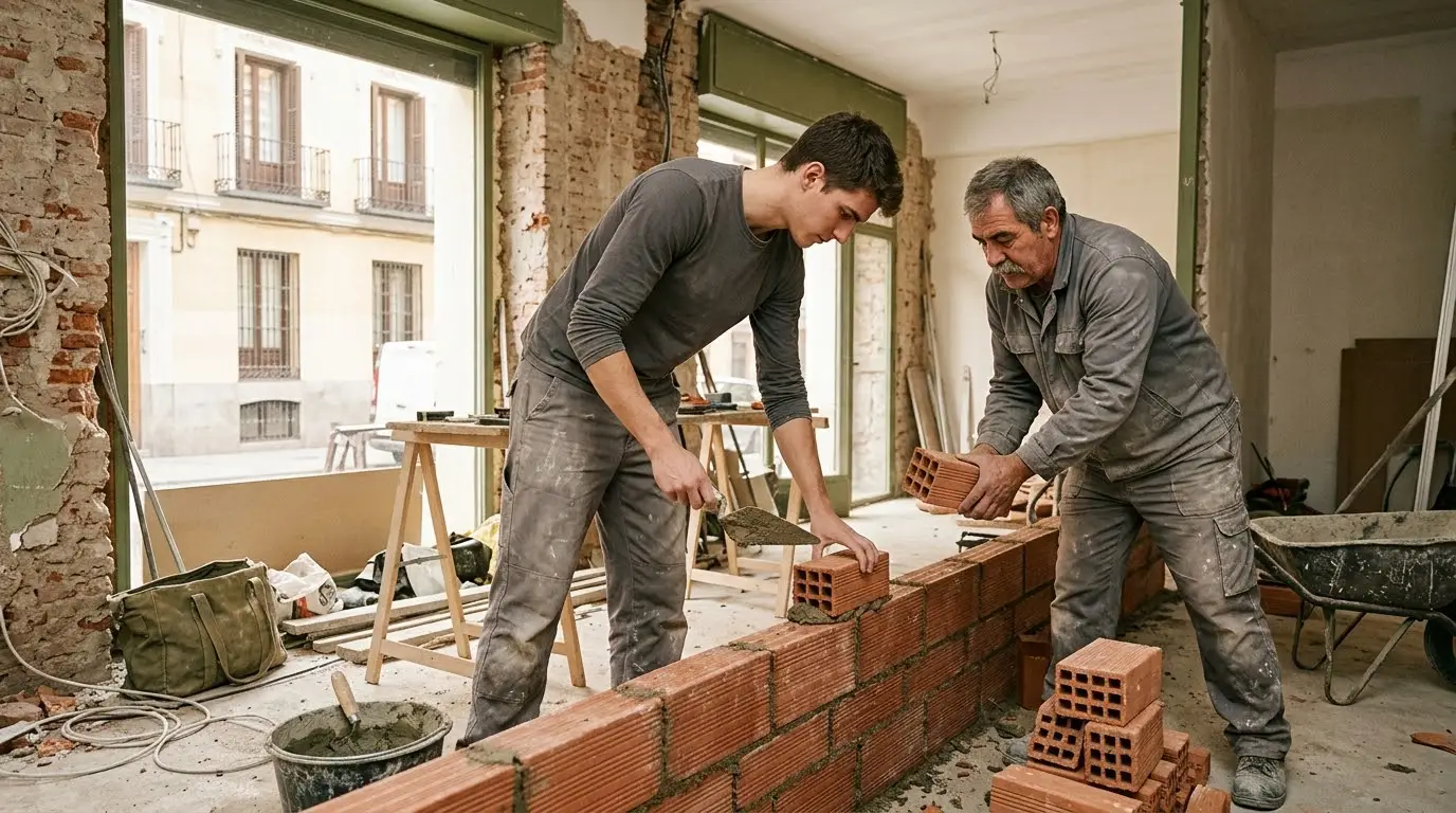 Dos albañiles levantando un tabique de ladrillo dentro de un local en obra