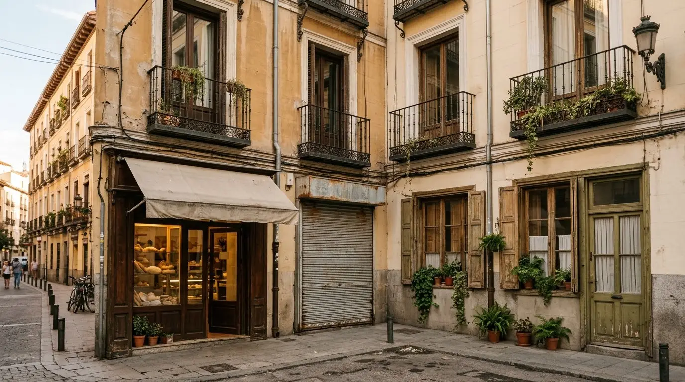 Calle del centro de Madrid con edificios antiguos de balcones y locales en la planta baja