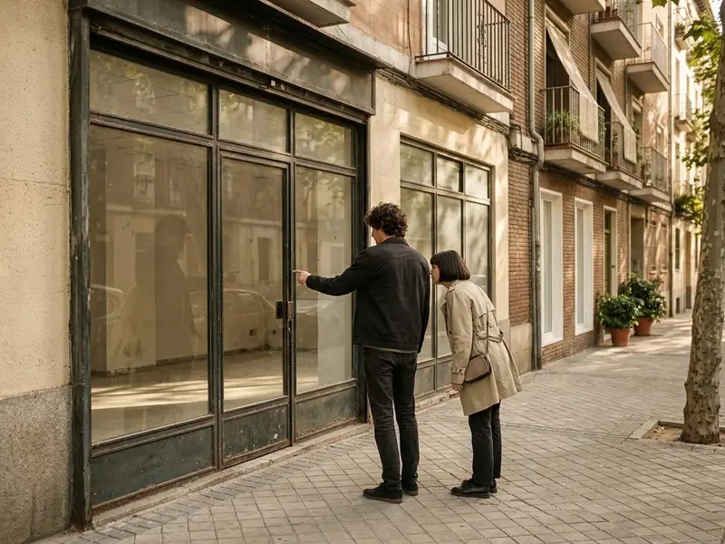 Pareja joven mirando un local vacío en venta a pie de calle
