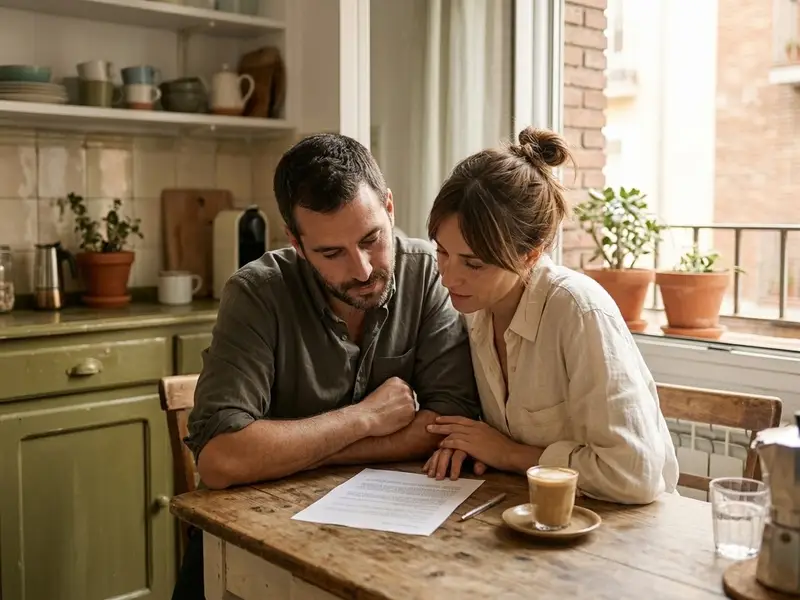 Pareja revisando un presupuesto en la mesa de su cocina