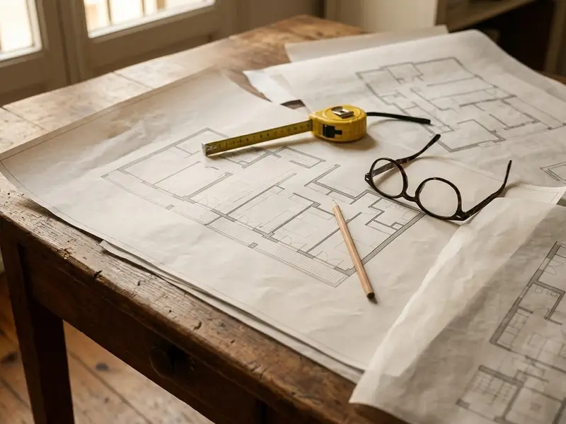 Planos de una vivienda extendidos sobre una mesa junto a un metro
