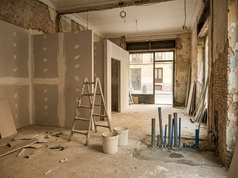 Interior de un local en obra con tabiques nuevos de pladur y tubos de instalaciones